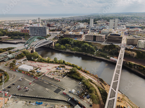 Sunderland UK: 27th Sept 2025: Construction continues near Sunderland's Stadium of Light, drone photo showcasing the new Wear Footbridge
