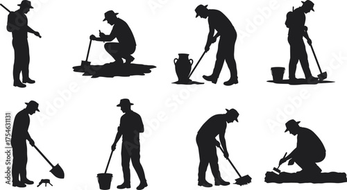 Archaeologist silhouette, excavation work, digging tools, artifact discovery, field research, ancient history, exploration activity, science study, flat vector illustration