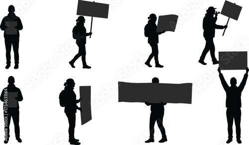 Protest silhouette, activist pose, demonstration sign, social movement, public rally, political activism, communication act, crowd figure, flat vector illustration