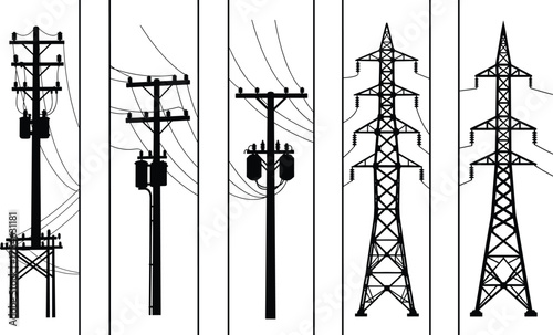 Set of electric utility poles and high voltage transmission towers silhouette vector illustration for industrial energy infrastructure and power network design
