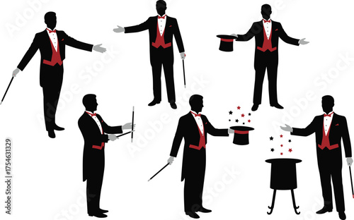 Magician silhouette, magic trick, stage performance, illusion act, wand gesture, top hat, circus show, entertainment art, flat vector illustration