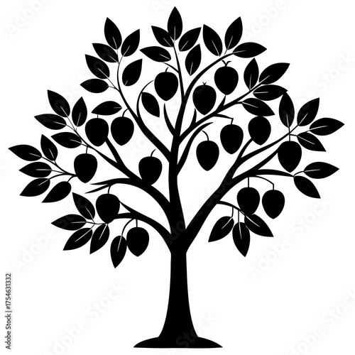 Silhouette of a fruit tree with ripe fruits and green leaves against a white background