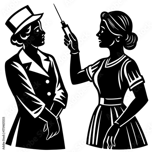 Retro nurse holding syringe to patient wearing a hat in black and white silhouette