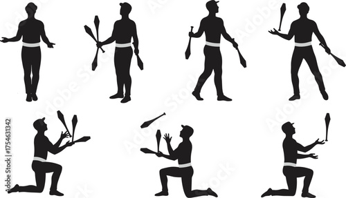 Juggling silhouette, performer pose, circus act, club juggling, skill performance, balance control, entertainment art, stage show, flat vector illustration