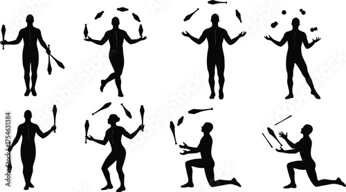 Juggling silhouette, performer pose, circus act, skill performance, balance control, club juggling, ball juggling, entertainment art, flat vector illustration