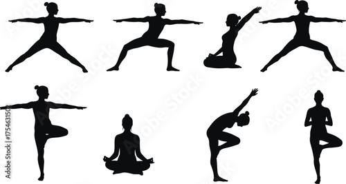 Yoga silhouette, meditation posture, balance pose, stretching exercise, mindfulness practice, fitness routine, calm relaxation, wellness lifestyle, flat vector illustration