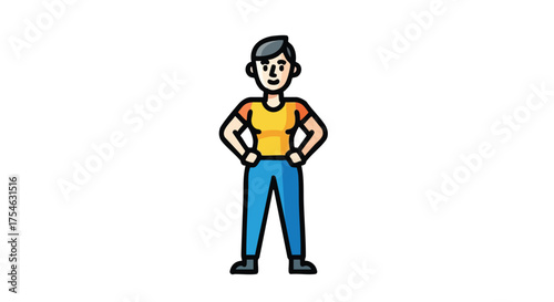 A confident cartoon character with dark hair and a yellow shirt standing with hands on hips.