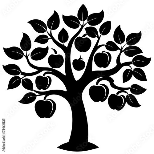 Black silhouette of a mature apple tree laden with ripe fruit and green leaves on a white background