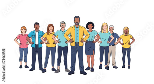 A diverse group of confident people standing together, illustrating teamwork and community.