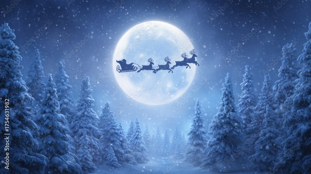 Naklejka premium Santa Claus and Reindeer Flying Across a Full Moon in a Winter Wonderland with Snowy Trees During a Magical Christmas Night Scene