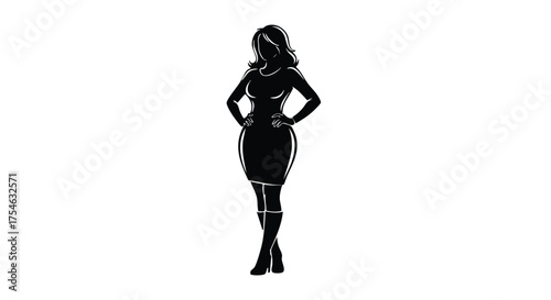 Silhouette of a woman in a form-fitting dress with her hands on her hips.