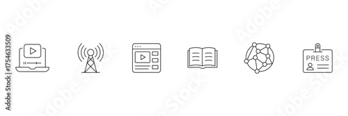 Media and news web line icons. Contain icon related to mass media, social networks, public media, journalism, communication, networking, and more. Vector illustration.