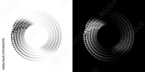 Dynamic abstract spiral sound wave rhythm lines. Circular spiral sound wave rhythm of lines. Circular futuristic abstract lines, black and white background.	