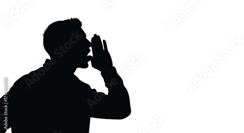 Silhouette of a man shouting with his hand to his mouth on a white background.