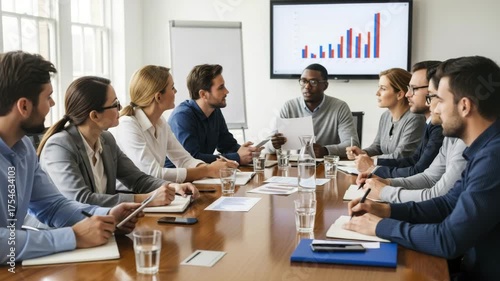 Diverse group of professionals in a modern boardroom discussing a chart displayed on a large screen during a meeting