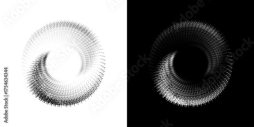 Dynamic abstract spiral sound wave rhythm lines. Circular spiral sound wave rhythm of lines. Circular futuristic abstract lines, black and white background.	