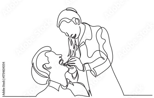 continuous line drawing of a dentist examining a patient’s teeth.Line art a patient is lying back in a dental chair while the dentist,wearing a mask, works carefully on their mouth.vector illustration