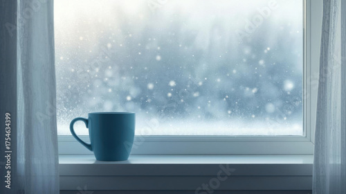 Blue mug sits on windowsill with snow falling outside, creating cozy winter atmosphere