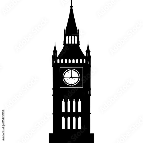 Iconic silhouette of big ben clock tower in london against a white background