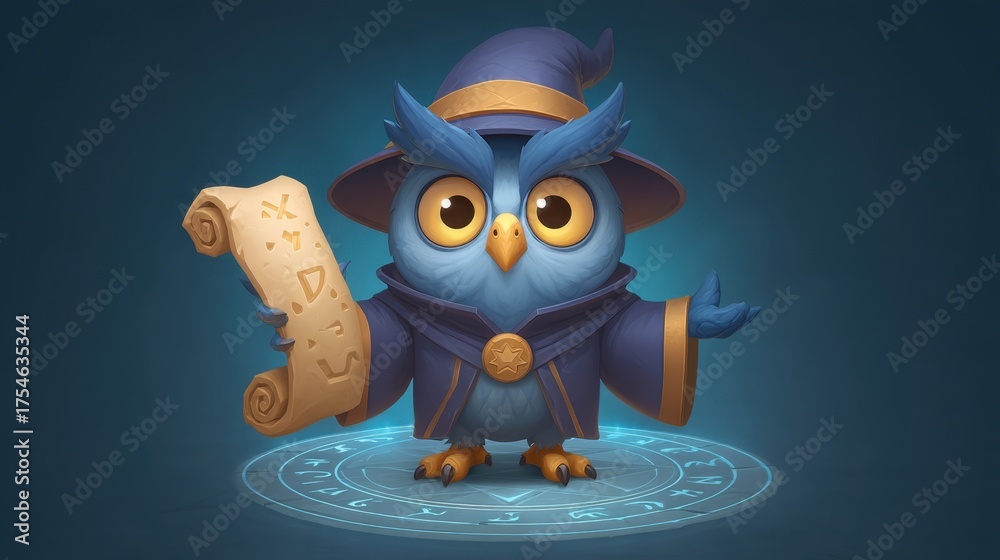 Fototapeta premium Adorable cartoon owl wizard character holding a scroll, featuring vibrant colors, whimsical design, and magical aura in a playful fantasy setting