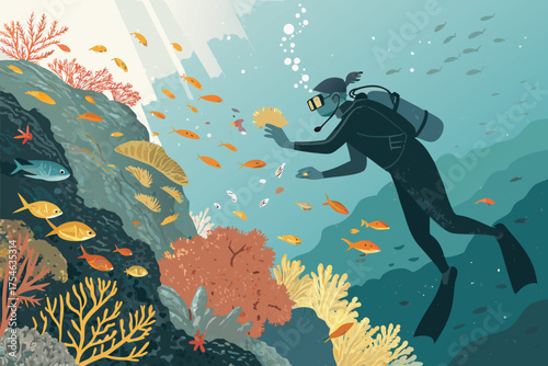 A diver exploring a vibrant coral reef with colorful fish swimming around.