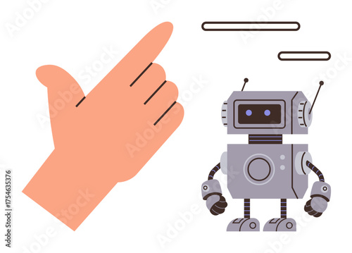 A robotic figure responding to a hand gesture, symbolizing modern technology, AI interaction, and control. Ideal for automation, robotics, AI, innovation, human-machine collaboration engineering