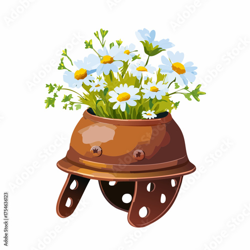 An ancient, rusted war helmet is carefully filled with vibrant, healthy, blooming white wildflowers.