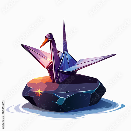 A single, glowing, translucent origami crane rests gently atop a smooth, dark, polished stone.