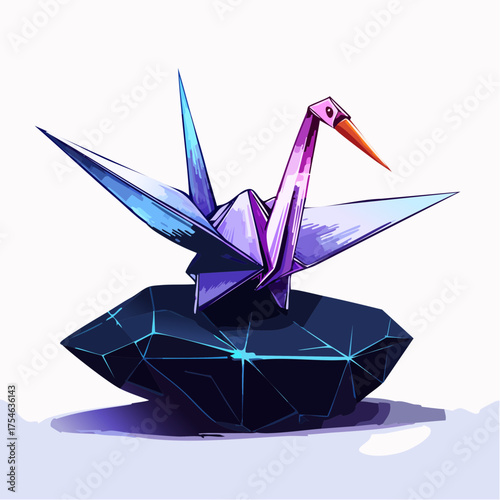 A single, glowing, translucent origami crane rests gently atop a smooth, dark, polished stone.
