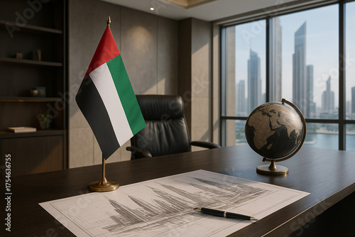 Modern office setup with UAE flag and detailed technical documentation.