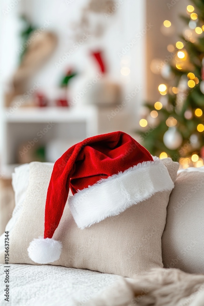 Fototapeta premium Cozy christmas scene with santa hat on bed and festive holiday decorations