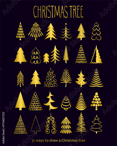 holiday set of 31 golden fir trees on black background. Greeting christmas card, vector illustration