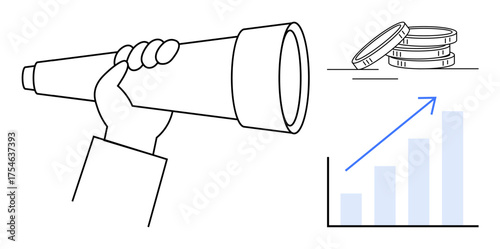 Hand holding telescope symbolizes future vision alongside coins and bar chart with upward arrow showing financial growth. Ideal for strategy, business, success, investment, innovation, planning