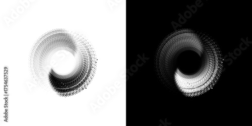 Dynamic abstract spiral sound wave rhythm lines. Circular spiral sound wave rhythm of lines. Circular futuristic abstract lines, black and white background.	