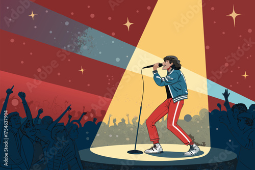 A rockstar performs on stage with a cheering crowd at a concert.