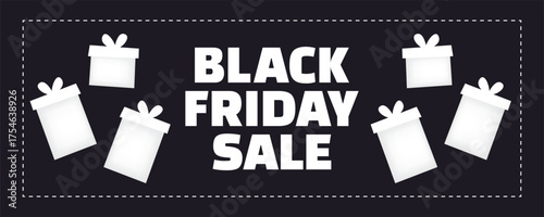 A minimalist Black Friday sale banner with 3D gifts and dark background, elegant discount promotion design for online stores, festive shopping concept