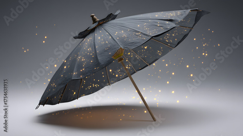 Black umbrella with golden glitter isolated on white background for protection