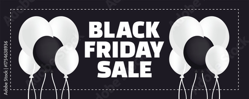 A minimalist Black Friday sale banner with 3D balloons on a dark background, elegant composition for seasonal discount promotion, modern online store design
