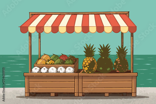 A tropical fruit stand displays a variety of colorful produce. (59 chars).