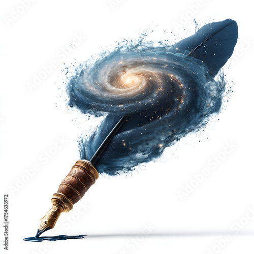 Quill pen with galaxy isolated on white background, a cosmic writing tool