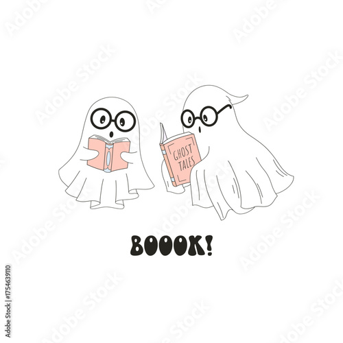 Retro Cute Halloween Ghosts Reading Books Clipart Set. Spooky Bookish Vintage Aesthetic Stickers for Journaling, Scrapbooking, Digital Planners and Book Lovers