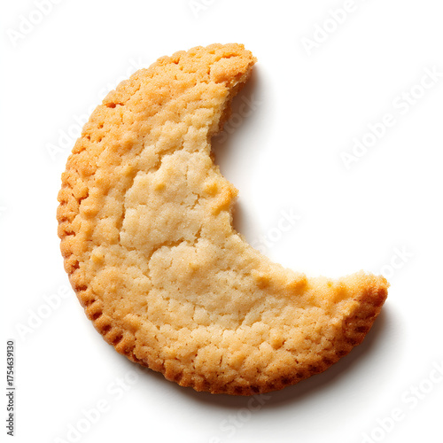 A crescent moon shaped cookie with a bite isolated on white background