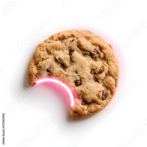 Chocolate chip cookie with a bite isolated on white background, neon light