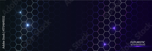 Futuristic neon hexagon background with abstract pattern, realistic purple vector bg with honeycomb for medicine, science, digital technology, game, bio.