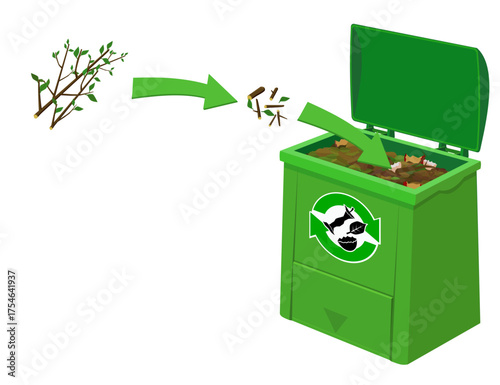 Compost bin where we add Yard Waste and Twigs that we have previously cut to put in the compost (cut out)