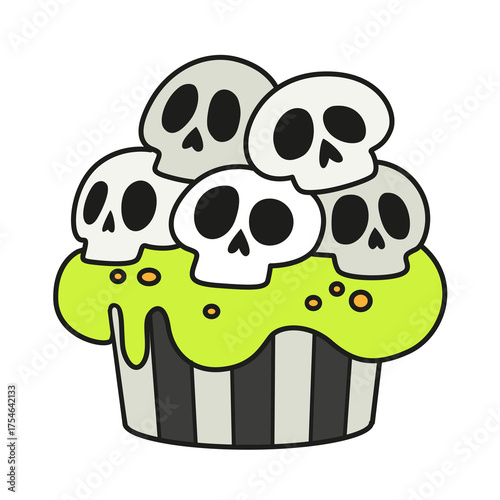 Biscuit cake with Halloween cartoon sugar skull pile decoration on white background