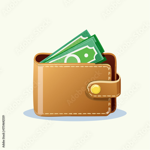 A Detailed Illustration of a Brown Leather Wallet with Green Currency and Yellow Button