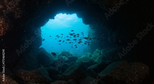 Fototapeta Naklejka Na Ścianę i Meble -  Underwater cave Fish emerge from blue depths in rocky seabed.