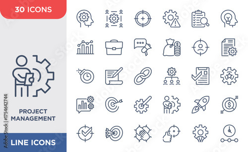 Project Management set icon. Teamwork, Goal, Target, Core value, Business, Vector illustration.
