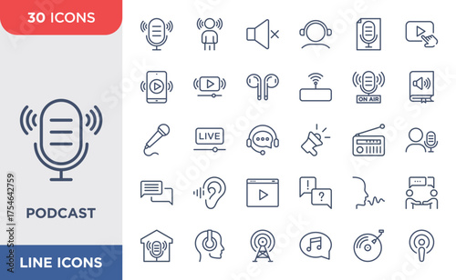 Podcast set icon. Containing radio, broadcast, microphone, audio book symbol, vector illustration.